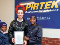 From l: Lebo Nneko; Kieron Goss, Pirtek MD; Mohlobo Modiba.